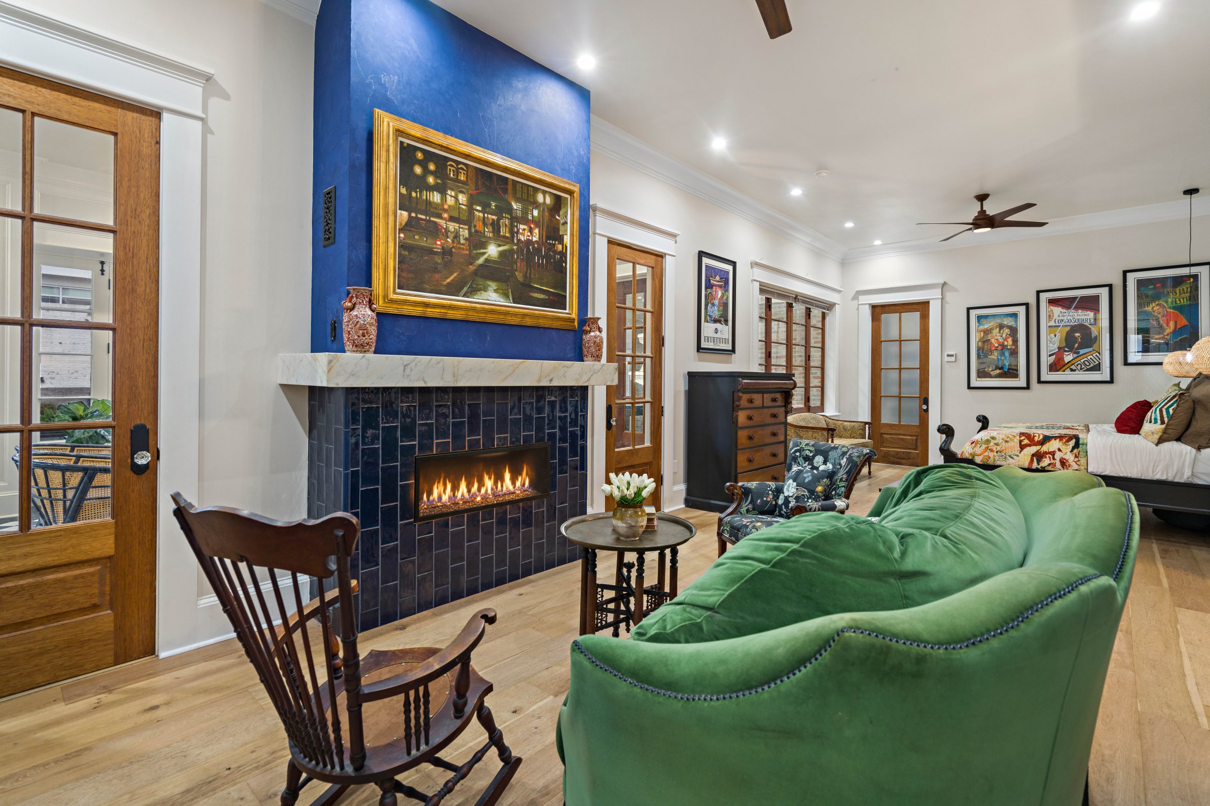 Sitting area and blue-tile fireplace, 528 Wilkinson Street