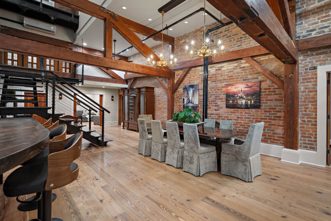 Dining beneath the trusses, 528 Wilkinson Street