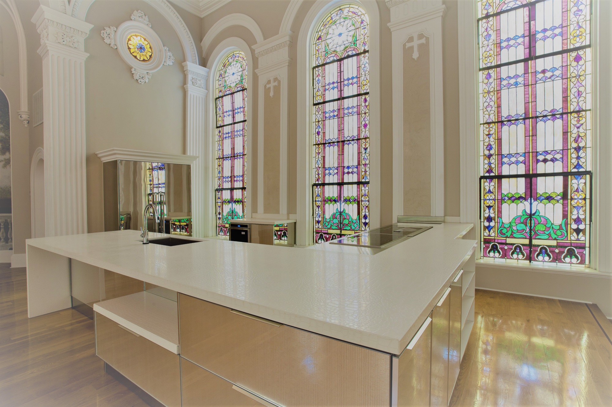 Anne Rice Chapel kitchen — contemporary design within historic chapel architecture, New Orleans